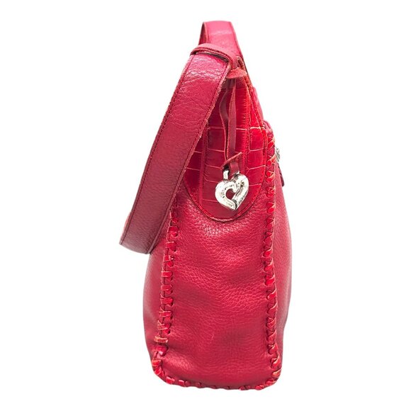 Brighton Dark Red Pebbled Leather Shoulder Handbag Whipstitch Trim Croc Strap - Picture 7 of 16